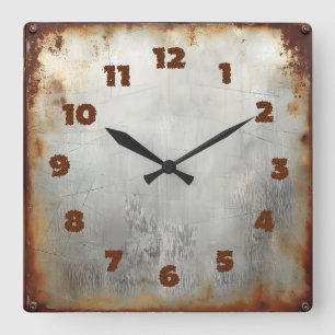 aged steel plate square wall clock