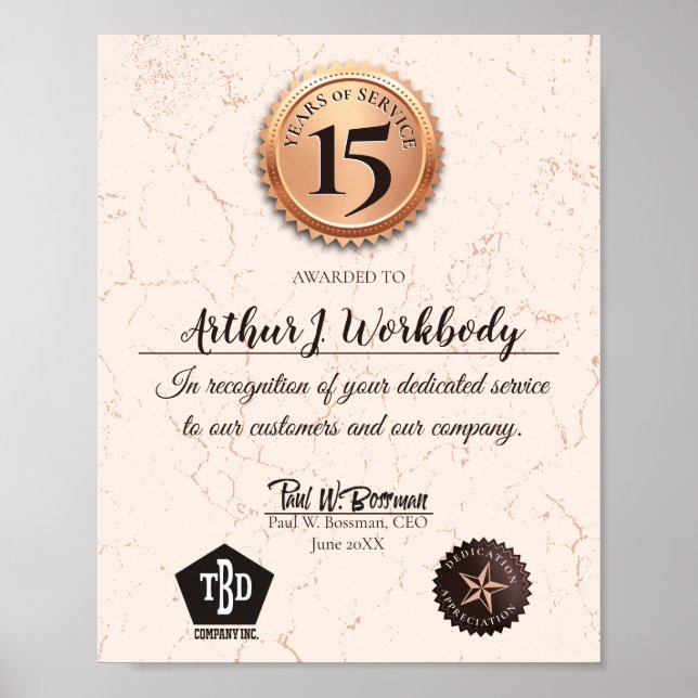 Aged stone gold employee anniversary certificate poster (Front)