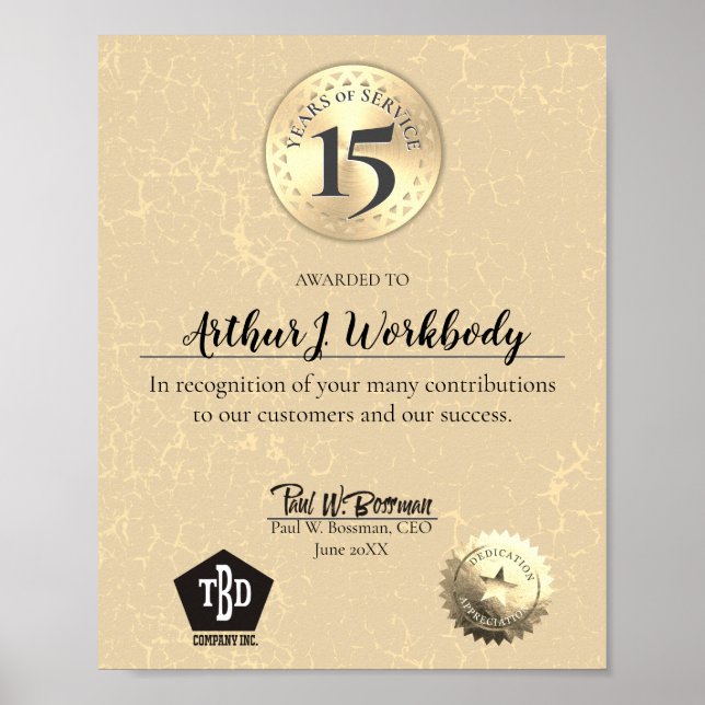 Aged stone gold employee anniversary certificate poster (Front)