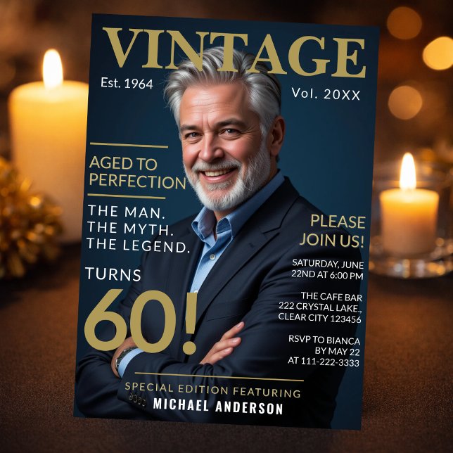 Aged to Perfection 60th Birthday Invite (Elegant navy and gold 60th birthday invitation in warm candlelight setting)