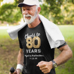 Aged to Perfection 80th Birthday T-Shirt<br><div class="desc">Custom black and gold eightieth birthday t-shirt featuring eighty gold hellium balloons,  the saying "cheers to 80 years",  "aged to perfection",  and the date.</div>