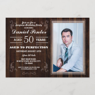 Aged To Perfection Birthday Mens Photo Wood Invitation