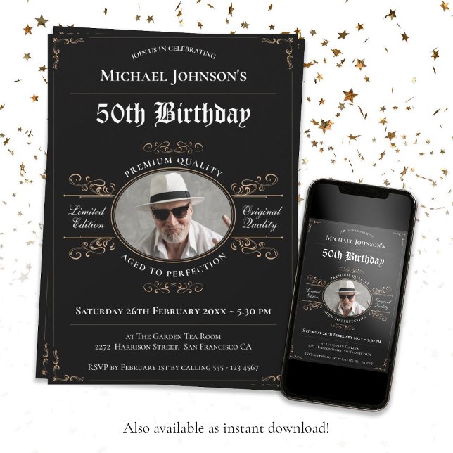 Aged to Perfection Black Gold Classy 50th Birthday Invitation (50th Birthday Aged to Perfection Black Gold Classy Invitation)