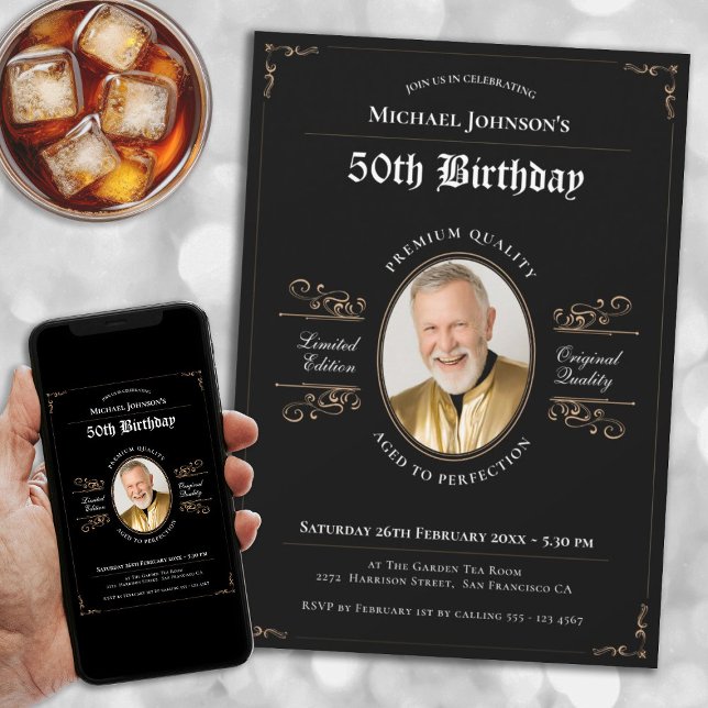 Aged to Perfection Black Gold Photo 50th Birthday Invitation (Aged to Perfection Black Gold Photo 50th Birthday Invitation)