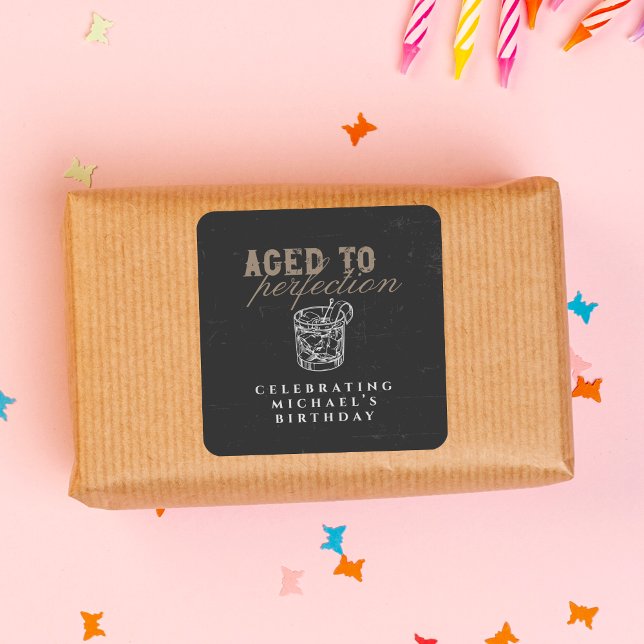 Aged to Perfection Black Whiskey Birthday  Square Sticker (Creator Uploaded)