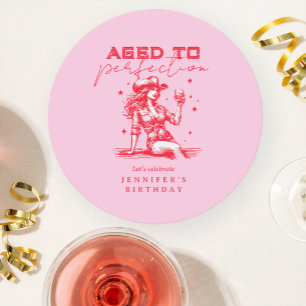 Aged to Perfection Cowgirl Pink Birthday Party Round Paper Coaster
