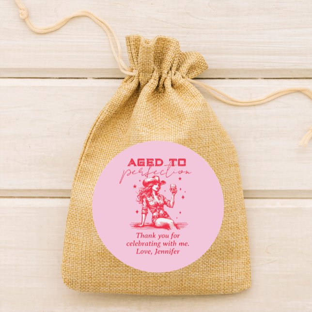 Aged to Perfection Cowgirl Pink Birthday Thank You Classic Round Sticker (Creator Uploaded)