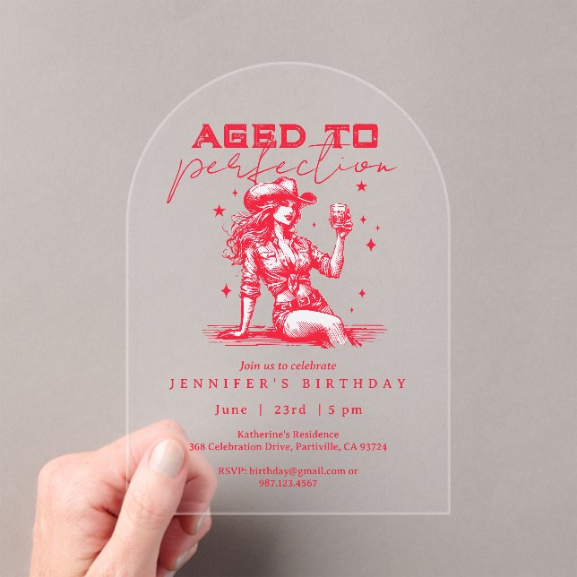 Aged to Perfection Cowgirl Whiskey Birthday Party  Acrylic Invitations (Insitu (Handheld))
