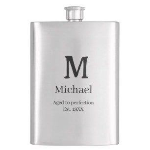 Aged to perfection est. 19XX monogram name letter Hip Flask