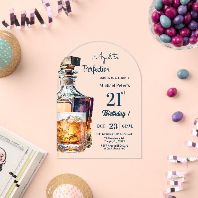 Aged to Perfection Men 21st Whiskey Birthday  Acrylic Invitations (Insitu (Celebration))