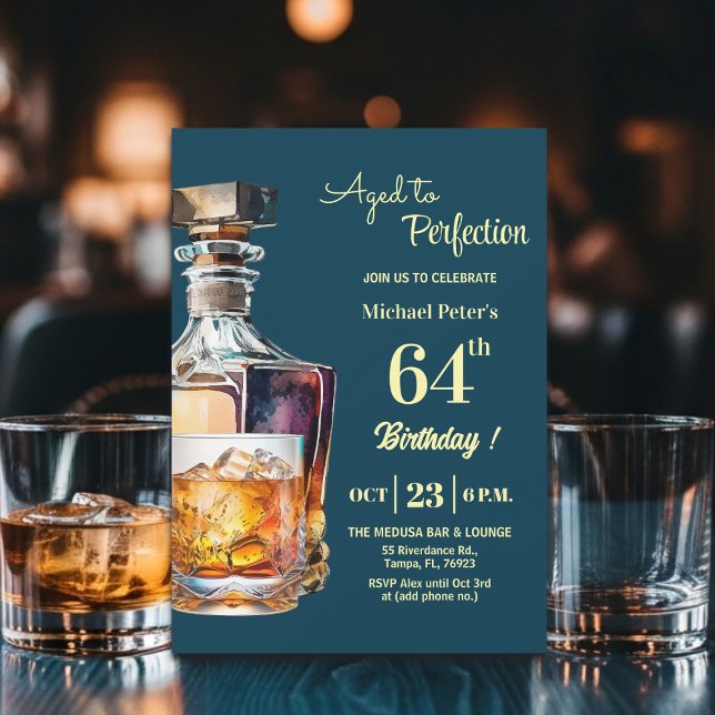 Aged to Perfection Men 64th Whiskey Birthday  Invitation (Creator Uploaded)