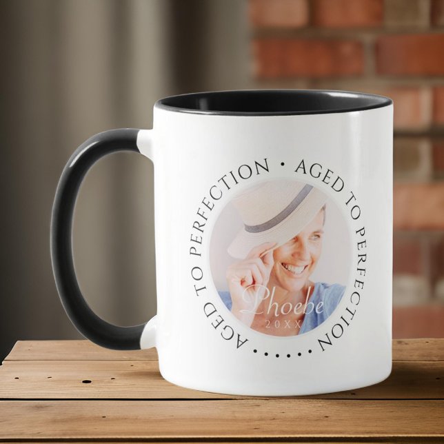 Aged to Perfection Modern Simple Birthday Photo Mug (Creator Uploaded)