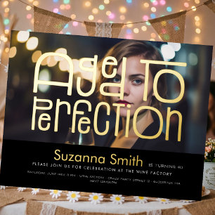 Aged to perfection photo woman's gold birthday foil invitation postcard