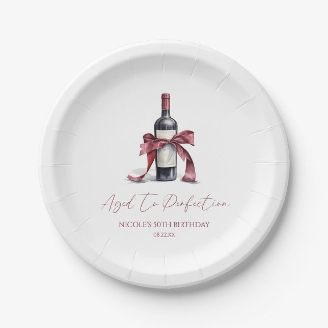 Aged To Perfection Red Wine Bow Birthday Party Paper Plate (Front)