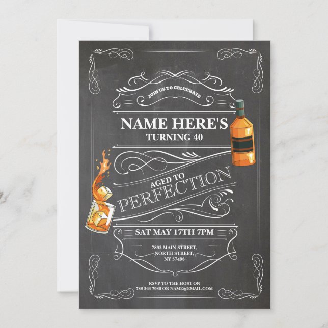 Aged to Perfection Whiskey 60th Any Age Mens Chalk Invitation (Front)