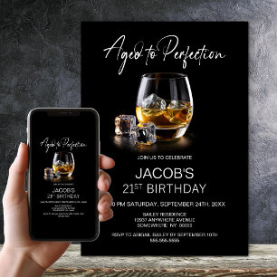 Aged to Perfection Whiskey Glass 21st Birthday Invitation