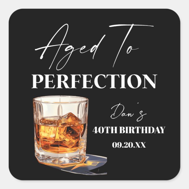 Aged To Perfection Whisky Glass Birthday Party Square Sticker (Front)