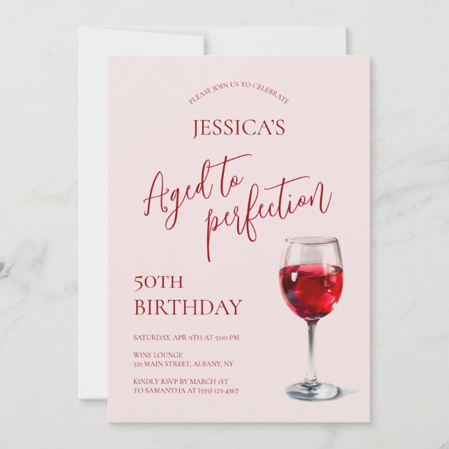 Aged to Perfection Wine Pink 50th Birthday Party Invitation (Front)