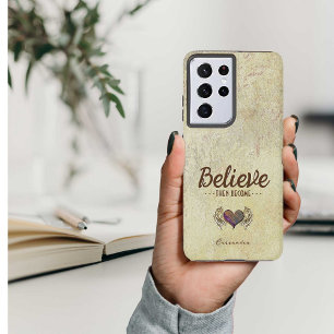 Aged Vintage Believe Heart with Angel Wings Name Samsung Galaxy Case