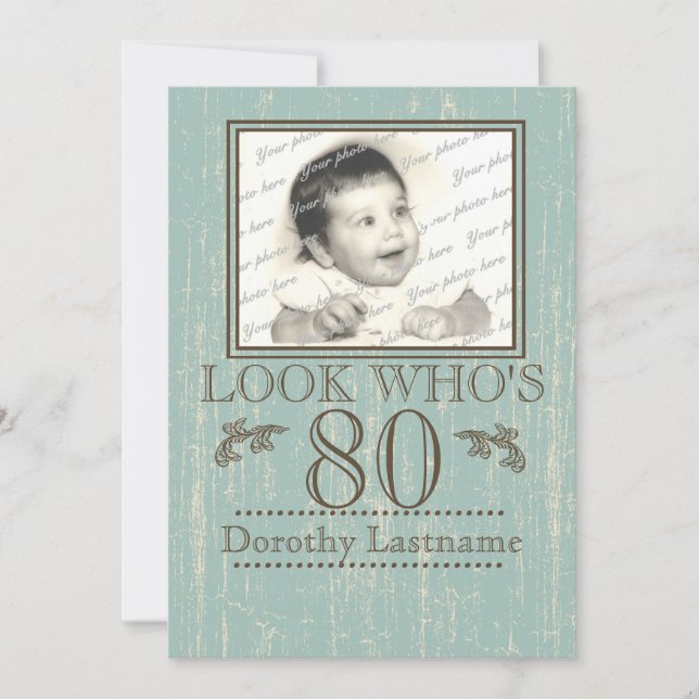 Aged Wood 80th Birthday Photo Invitation (Front)