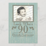 Aged Wood 90th Birthday Photo Invitation<br><div class="desc">Aged look wood in a seafoam colour 90th birthday photo frame invitation for him or her.  Look Who's Ninety,  upload a favourite photo of any age and customise text for your party.</div>