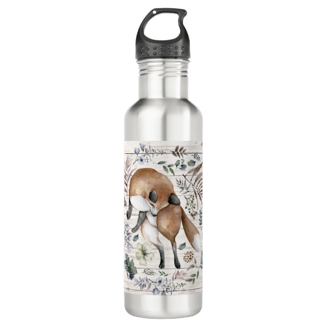 Aged Wood Monogram Name Floral Fox  710 Ml Water Bottle (Front)