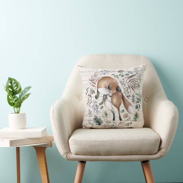 Aged Wood Monogram Name Floral Fox  Cushion (Chair)