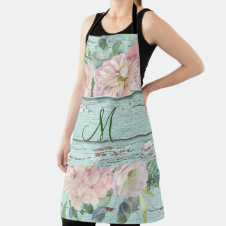 Aged Wood Monogram Name with Hydrangea Bloom  Apron
