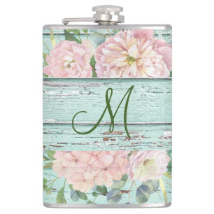 Aged Wood Monogram Name with Hydrangea Bloom  Hip Flask