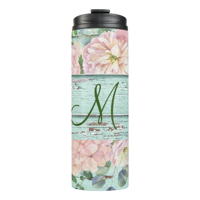Aged Wood Monogram Name with Hydrangea Bloom  Thermal Tumbler (Front)