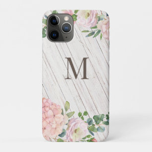 Aged Wood Monogram Rose Hydrangea & Eucalyptus iPhone 11 Pro Case