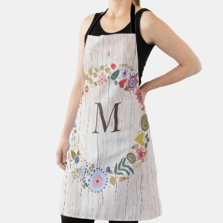 Aged Wood Monogram whimsical Flowers Apron