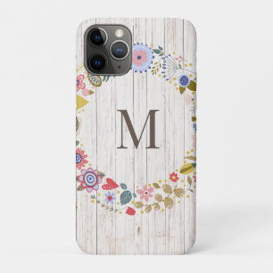 Aged Wood Monogram whimsical Flowers iPhone 11 Pro Case