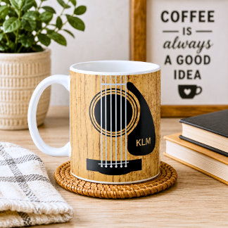 Aged Wooden Acoustic Guitar Monogram Coffee Mug