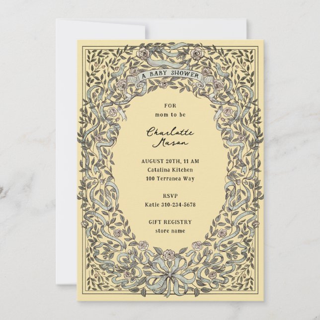 Aged Yellow Blue Ribbons and Roses Baby Shower Invitation (Front)