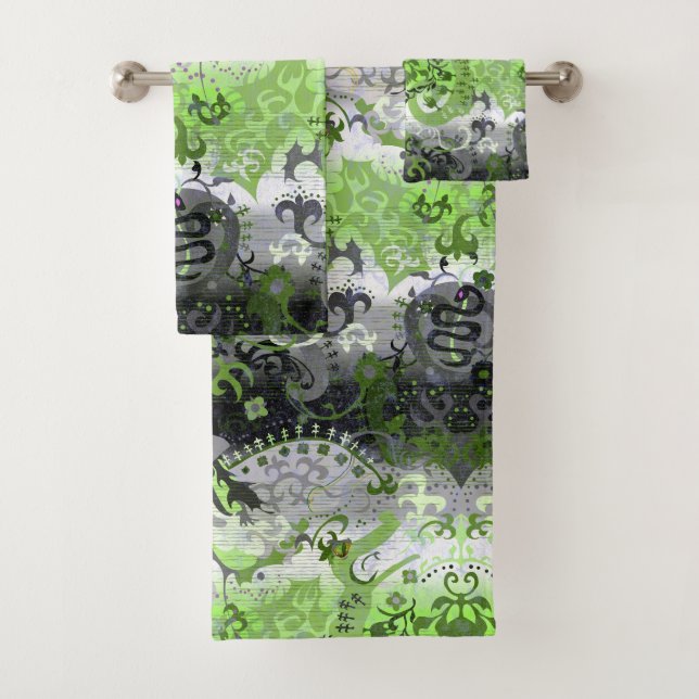 Agender Dragon Damask - Agender Pride Flag Colours Bath Towel Set (Insitu)