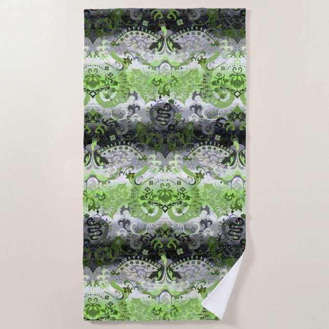 Agender Dragon Damask - Agender Pride Flag Colours Beach Towel (Front)