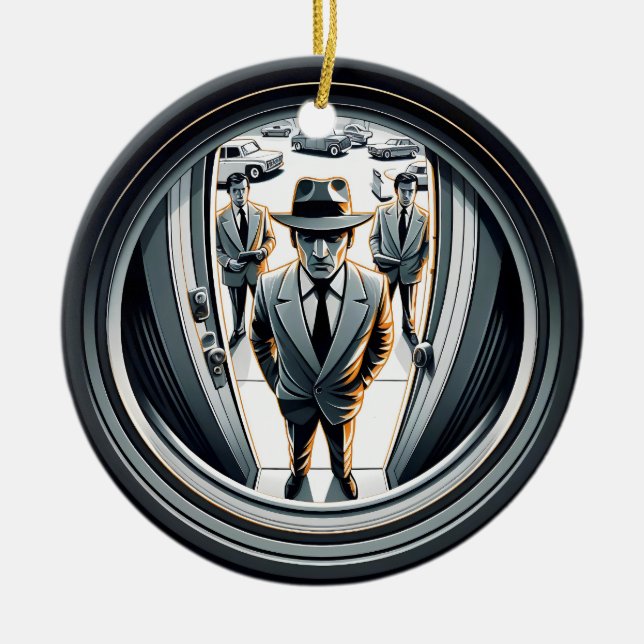 Agents in Grey at the Door | Fisheye Ceramic Ornament (Front)