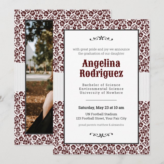 Aggie Maroon Floral Damask Photo Graduation Invitation (Front/Back)