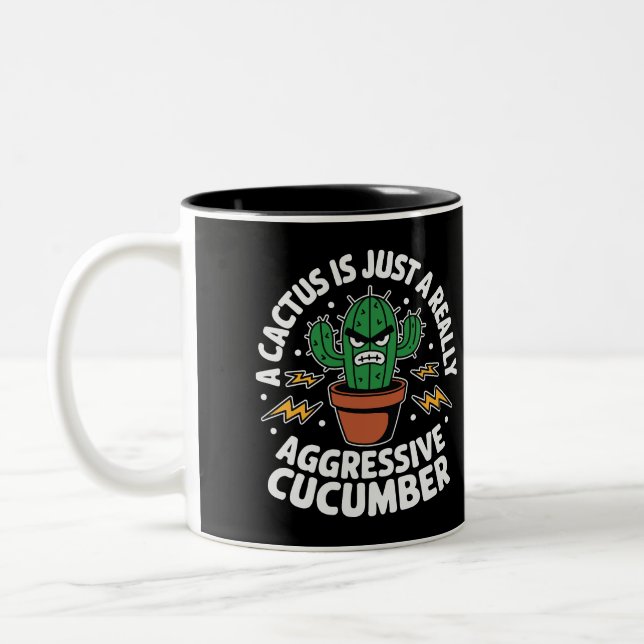 Aggressive Cucumber – Funny Cactus Pun Two-Tone Coffee Mug (Left)