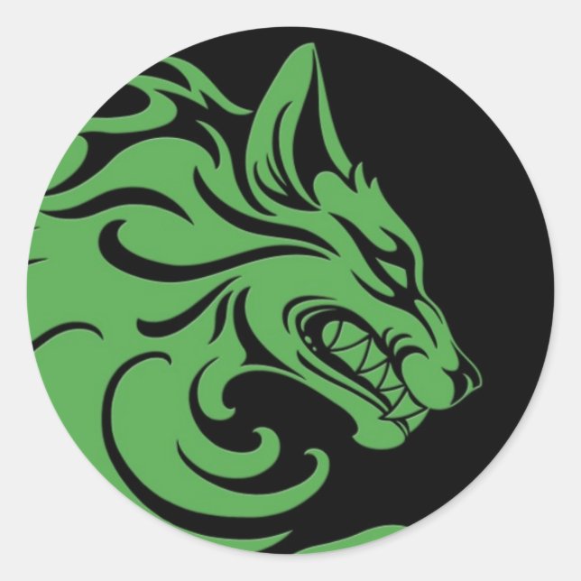 Aggressive Green and Black Tribal Wolf Classic Round Sticker (Front)