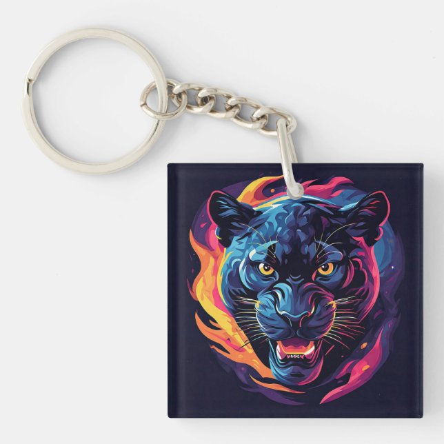 Aggressive Panther Artwork in Neon Colours Key Ring (Front)