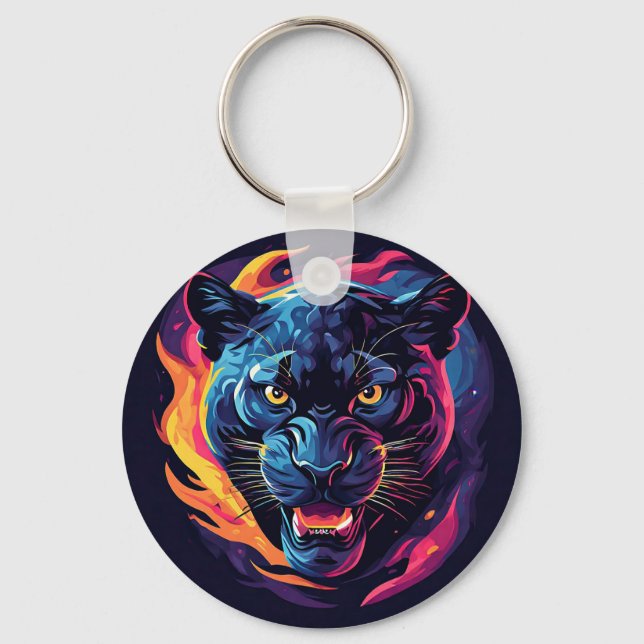 Aggressive Panther Artwork in Neon Colours Key Ring (Front)