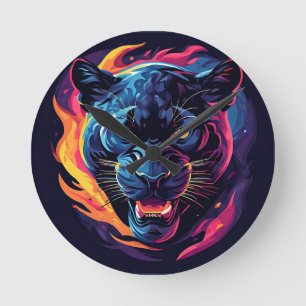 Aggressive Panther Artwork in Neon Colours Round Clock