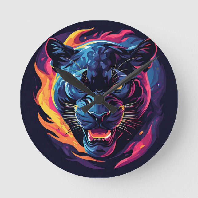 Aggressive Panther Artwork in Neon Colours Round Clock (Front)