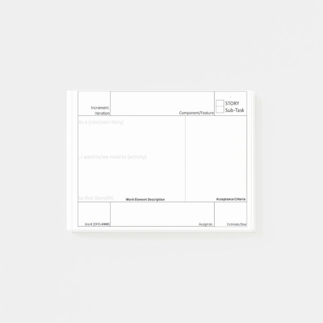 Agile Scrum Story Planning Aid Story Sticky Post-it Notes (Front)