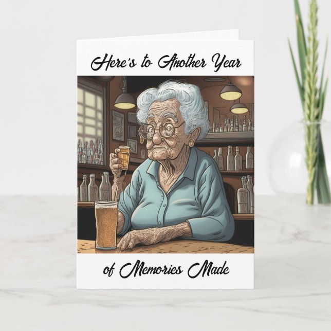 Aging Humour | Forgetful Old Lady Drinking Birthda Card (Front)