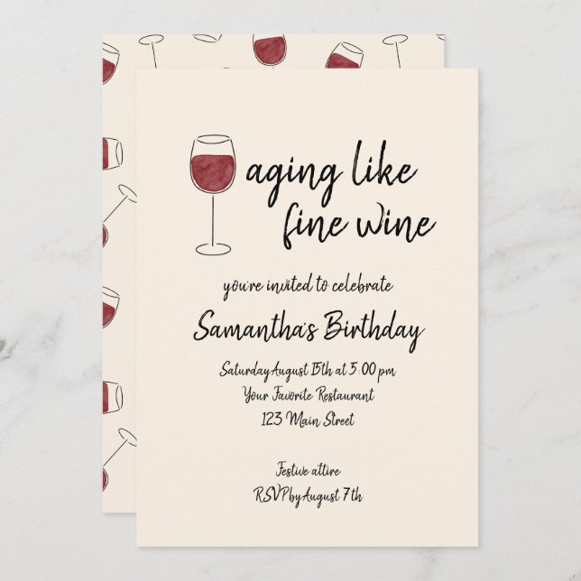 Aging Like Fine Wine Red Wine Glass Birthday Invitation (Front/Back)
