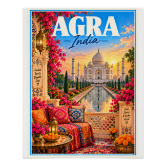 Agra India Taj Mahal Travel Poster | Colorful Indi