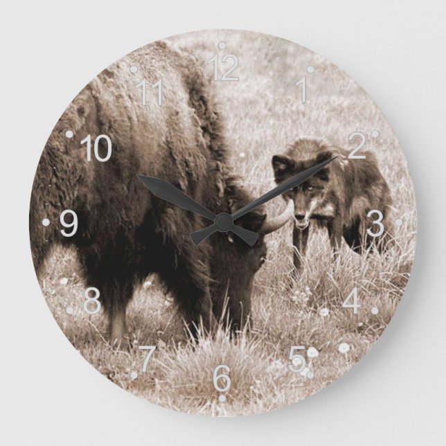 Agressive bison and black wolf large clock (Front)